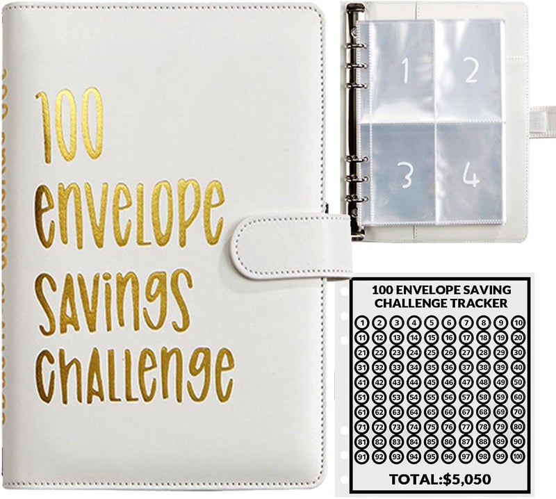 AASLOB 100 Envelopes Money Saving Challenge, 100 Envelope Challenge Binder, Easy and Fun Way to Save $5,050, Savings Challenges Budget Book Binder with Cash Envelopes for Office,Home,School (White) - Image 1